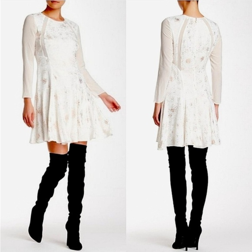 NWT REBECCA TAYLOR White Rose Gold Foil Print Silk Fit Flare Dress size 8